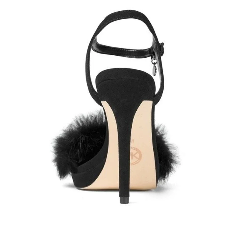 New! MICHAEL KORS Women's Rabbit Fur Trim Black Sexy Heels Open-Toe Pumps NWB - Picture 4 of 7